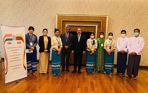 Foreign Secretary Harsh Vardhan Shringla handed over 1 million doses of 'Made in India' vaccines to the representatives of the Myanmar Red Cross Society. (Photo | Twitter)
