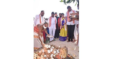 Endowments Minister Vellampalli Srinivas lays the foundation stone for Kodandaram Swamy Temple in Ramatheertham on Wednesday | Express