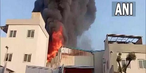 The fire broke out around 7 am at Kota chemical factory, and 16 fire tenders are at the spot. (Photo | ANI)