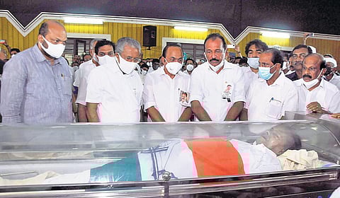 CM Pinarayi Vijayan pays last respect to MLA P T Thomas at Thrikkakara Community Hall on Thursday. Opposition leader V D Satheesan, Minister P Rajeeve, MPs Benny Behanan & Hibi Eden and MLA K Babu are