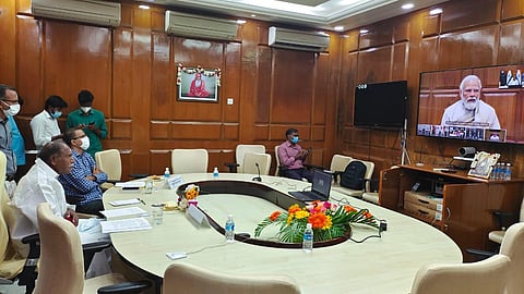 Puducherry Chief Minister N Rangasamy participating in the meeting on Sri Aurovindo chaired by Prime Minister Narendra Modi (Photo | Special arrangement)