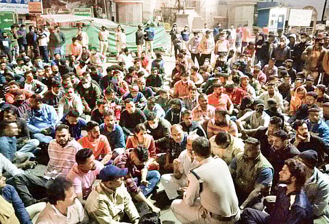 Members of Marathi organisations stage a dharna in protest in Belagavi against the desecration of a Shivaji statue in Bengaluru recently | Express
