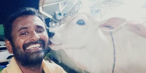 Young techie Munagala Vishnu Murthy at his gaushala. (Photo| EPS)