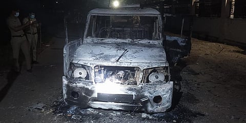 A police jeep was set on fire at Kizhakkambalam in Ernakulam. (Photo| Special arrangement)
