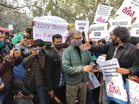Dipankar Bhattacharyya at the protest site in Delhi on Monday (photo by special arrangement.)