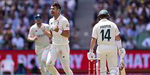 England's James Anderson celibates the wicket of Australia's Marcus Harris during Day 2 of the 3rd Test in Melbourne. (Photo| AP)