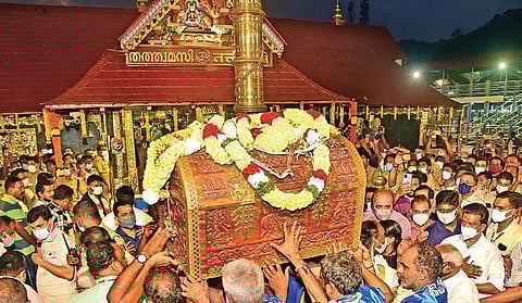 The Thanka Anki, the golden attire of Lord Ayyappa, being taken to the Sreekovil of Sabarimala temple on Sunday, Dec 26, 2021. (Photo | EPS, SHAJI VETTIPURAM)