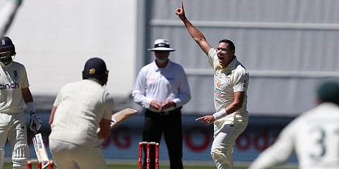 Australia's Scott Boland, second right, celebrates the wicket of England's Jonny Bairstow, second left, during the third day of their Test match in Melbourne, Australia, Dec. 28, 2021. (Photo | AP)