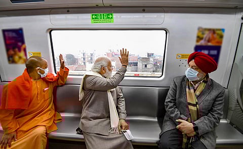 Prime Minister Narendra Modi on board the state of the art Kanpur Metro train, in Kanpur, Tuesday. (Photo | PTI)