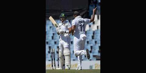 South Africa's batsman Aiden Markram, left, is bowled by India's bowler Mohammed Shami, during the fourth day of the Test Cricket match between South Africa and India .(Photo | AP)