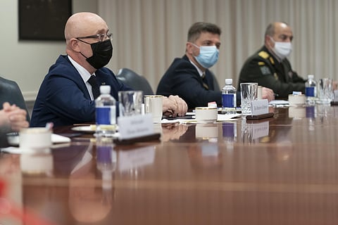 FILE - Ukrainian Defense Minister Oleksii Reznikov, left, speaks during a meeting with Defense Secretary Lloyd Austin, at the Pentagon on Nov. 18, 2021, in Washington. (File photo | AP)