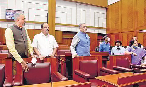 Legislative Assembly Speaker Vishweshwara Hegde Kageri (extreme left) and Council Chairman Basavaraj Horatti (third from left) inspect Suvarna Vidhana Soudha in Belagavi on Thursday   | Express