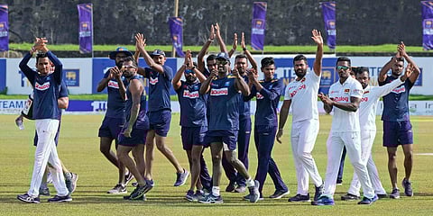 Sri Lankan cricket team celebrates after the 2nd Test match against West Indies in Galle. (Photo| AP)