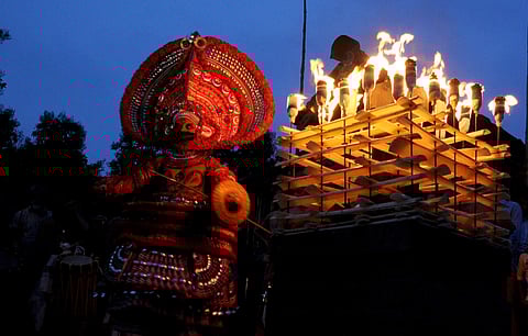 Vishakandan Theyyam performing at Kolachery Chathambali Vishakandan Temple in Kannur. (Photo | A Sanesh, EPS)