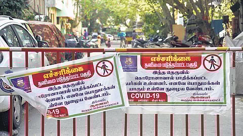 Barriers raised at LGGS Colony at Ashok Nagar in Chennai, as the area was put under restrictions following the emergence of a Covid-19 cluster | Martin Louis