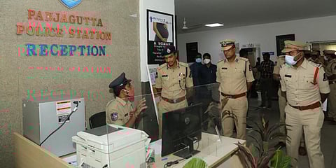 Hyderabad city police commissioner CV Anand, second left, at the Punjagutta police station (Photo | Twitter, @CPHydCity)