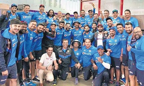 Indian players along with the support staff celebrate their maiden Test win at the Centurion Park against hosts South Africa on Thursday | twitter