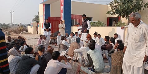 Donkey owners protesting infront of Khuiyan police station in Hanumangarh against the police indifference in finding their lost animals. (Photo | Express)