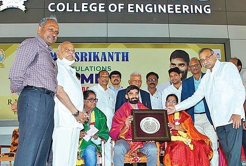 Indian badminton player Srikanth Kidambi being felicitated at RVR&JC Engineering College