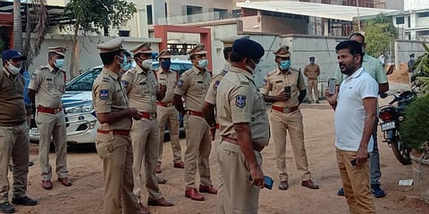 TPCC president Revanth Reddy argues with the police personnel deployed at his house in Hyderabad on Dec 31, 2021. (Photo | Express)