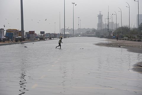 Marina beach service lane is flooded after the last night rain (Photo |EPS/ R Satish Babu)