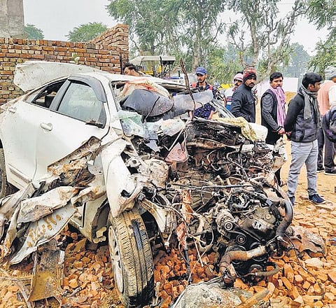 Remains of the vehicle after the accident at Sadhrana village in Gurugram | Pti