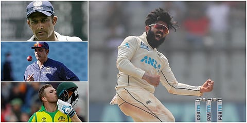 (Clockwise from right) New Zealand left-arm spinner Ajaz Patel, Aaron Finch, former Indian players Ravi Shastri and Anil Kumble. (File photo| AP)
