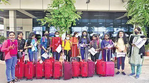 The bunch of girls outside Patna airport before leaving for Bengaluru. (Photo | EPS)