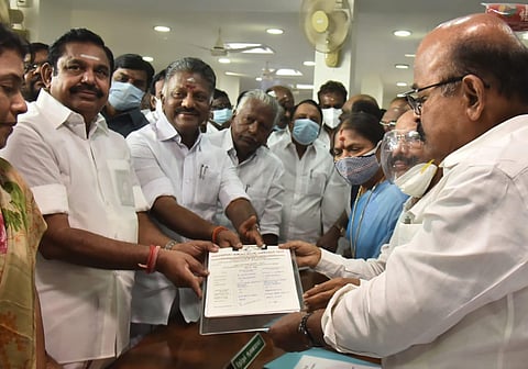 O Panneerselvam and Edappadi K Palaniswami filing nomination papers for the posts of coordinator and Joint coordinator at the AIADMK headquarters. (Photo | P Jawahar, EPS)