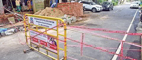 A road barricaded in Konanakunte where the doctor who tested positive for Covid-19 with the new Omicron variant resides. (Photo | Ashishkrishna HP/EPS)
