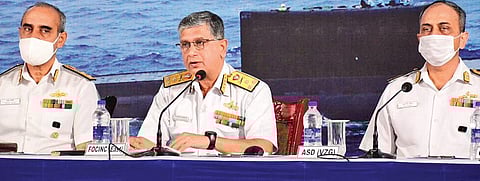 ENC Flag Officer Commanding-in-Chief Vice Admiral Biswajit Dasgupta addressing the media in Visakhapatnam city on Friday | express