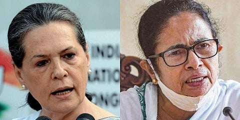 Congress interim chief Sonia Gandhi (L) and West Bengal CM Mamata Banerjee (File photo| AFP and PTI)
