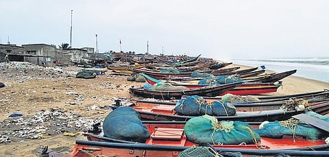 Ahead of the cyclone, fishing boats anchored at Puri beach. (File Photo | Express)