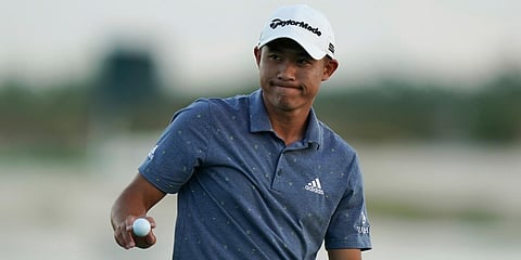 Collin Morikawa reacts to his par on the 18th hole Day 3 of the Hero World Challenge PGA Tour at the Albany Golf Club, Bahamas. (Photo| AP)