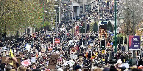 Demonstrators march during a protest against coronavirus measures in Brussels, Belgium, Sunday, Dec. 5, 2021. (Photo | AP)