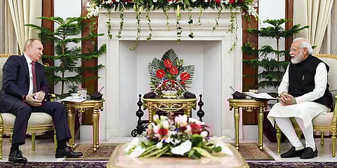 PM Narendra Modi (R) with Russian President Vladimir Putin. (Photo| ANI)