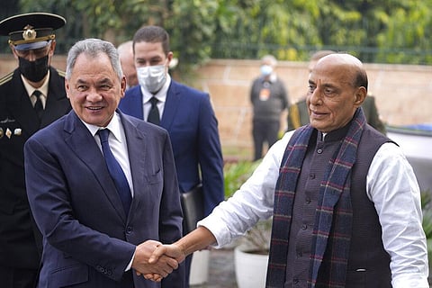 Indian Defence Minister Rajnath Singh, right, shakes hand with his Russian counterpart Sergey Shoygu in New Delhi. (Photo | AP)