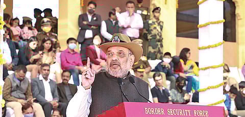 Amit Shah addresses the 57th Raising Day celebrations in Jaisalmer. (Photo | PTI)