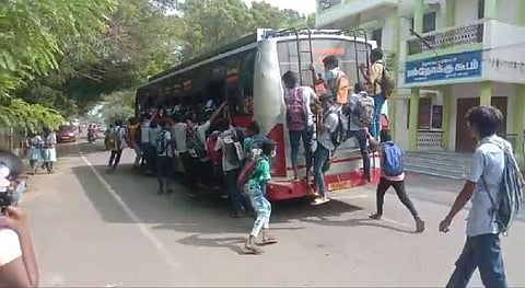 Students travelling in an overcrowded public bus. (Photo | EPS)