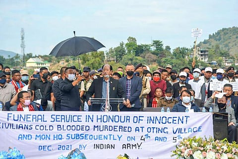Nagaland Chief Minister Neiphiu Rio addresses the funeral of the 13 people who were allegedly killed by Armed Forces, in Mon district. (Photo | PTI)