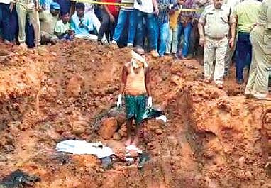 Charred remains of Mamita Meher's body being recovered on the premises of Mahaling stadium (Photo | Express)