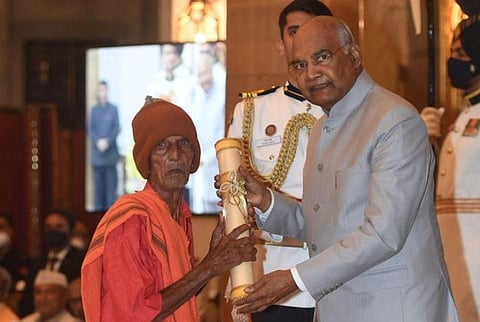 File photo of Nanda Prusty receiving Padma Shri award from President Ramnath Kovind. (Photo | EPS)