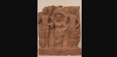 A birth narrative of Kartikeya, in which he is shown with Shashthi (associated with the six Krittikas) and Vishaka, in the Government Museum, Mathura.