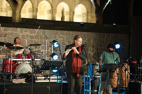 German Ambassador Walter J Lindner performs with The Revisit Project during the Hyderabad International Jazz Festival at the Qutb Shahi Tombs