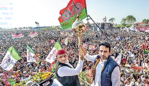 Akhilesh Yadav and Jayant Chaudhary in Meerut on Tuesday. (Photo | PTI)