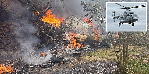 The chopper was on its way from the Sulur IAF base to the DSC at Wellington. (Photo | Special arrangement)