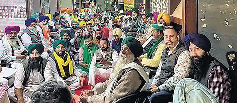 A meeting of the Samyukta Kisan Morcha at Singhu border in New Delhi on Tuesday. (Photo | PTI)