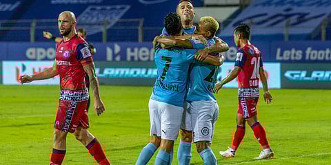 Bipin Singh Thounaojam of Mumbai City FC celebrates after scoring a goal during an ISL match played against Jamshedpur FC, at the Fatorda Stadium. (Photo| PTI)