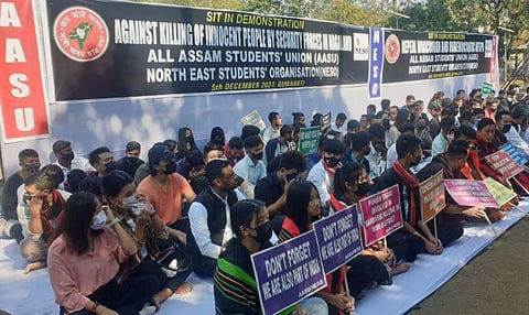 North East Students’ Organisation staged a protest across the Northeast on Thursday against the recent civilian killings in Nagaland’s Mon district. (Photo | EPS)