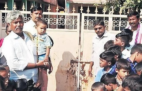 Parents locked the gate of Mandal Parishad Upper Primary School at Soganuru on Wednesday | Express